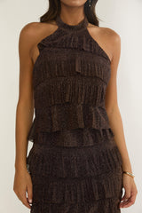 Kaelia Tiered Halter Maxi Dress Sparkle Brown
