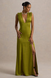Ysabella | Olive Satin Plunge-Neck Split Maxi Dress