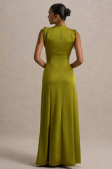 Ysabella | Olive Satin Plunge-Neck Split Maxi Dress