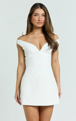 Irene Mini Dress - Off Shoulder Bustier Tulip Skirt Dress in White
