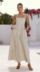 Nicole Spaghetti Strap Maxi Dress - Beige/Black Polka Dot