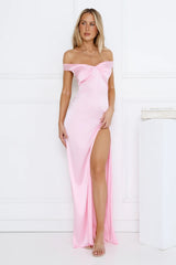Spark Babe Off Shoulder Satin Maxi Dress Pink