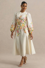 Dahlia | White Floral Border Print High-Neck Midi Dress