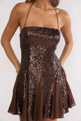 Belora Halterneck Godet Hem Mini Dress Dk Brown
