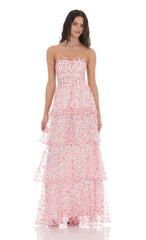 Smocked Floral Ruffle Maxi Dress in Pink