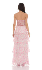 Smocked Floral Ruffle Maxi Dress in Pink