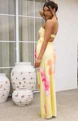 Maiah Yellow Hibiscus Floral Print Maxi Dress