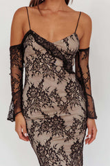 Zarah Off-Shoulder Sleeve Lace Maxi Dress Black