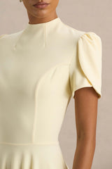 Vicky | Lemon High Neck Midi Dress With Puff Sleeves