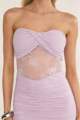 Sade Strapless Sheer Panel Ruched Maxi Dress Lilac