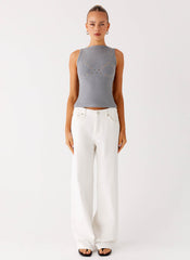 Drop Top Ribbed Eyelet Tank Top - Marle Grey
