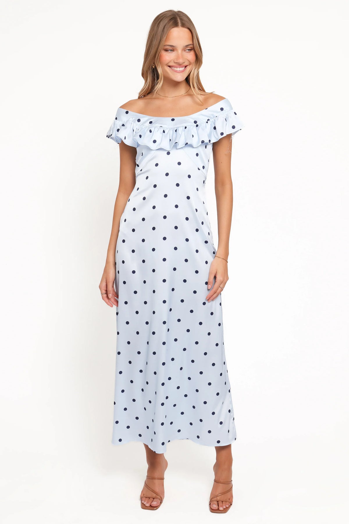 Manaris Off Shoulder Maxi Dress - Blue Polka Dot