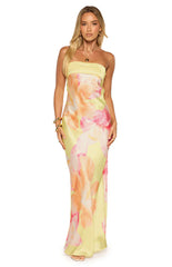 Maiah Yellow Hibiscus Floral Print Maxi Dress